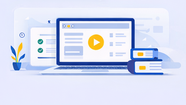 illustration of a laptop with a video player, task list, and documents beside it