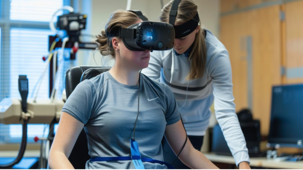 woman using a VR headset during rehabilitation while a specialist assists from behind