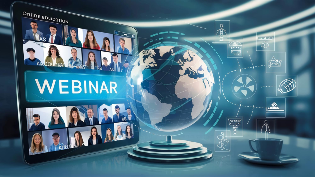 screen displaying the word “Webinar” with online participants and a globe graphic